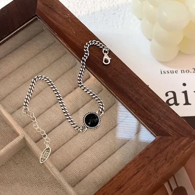 【巴黎精品】情人節禮物 現貨+預購 925純銀手鍊黑瑪瑙手鏈(輕奢古巴鏈作舊復古女飾品a1bo53)
