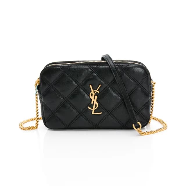 【YSL】SAINT LAURENT BECKY菱格拉鍊相機包(黑/金logo)