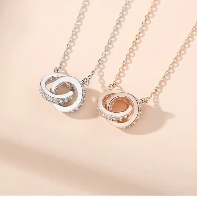 【VERDNIA】925純銀奢華時尚優雅百搭純銀項鍊 雙圈雙環扣環鎖微鑲鑽(玫瑰金)