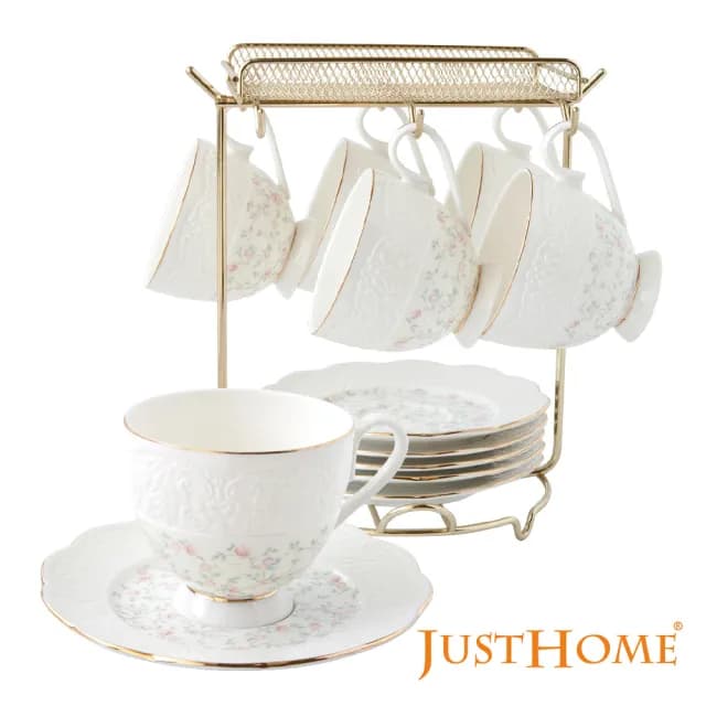 【Just Home】骨瓷咖啡杯盤12件禮盒組附收納架(附禮盒 多款花色可選 入厝送禮 辦公室 新居落成)