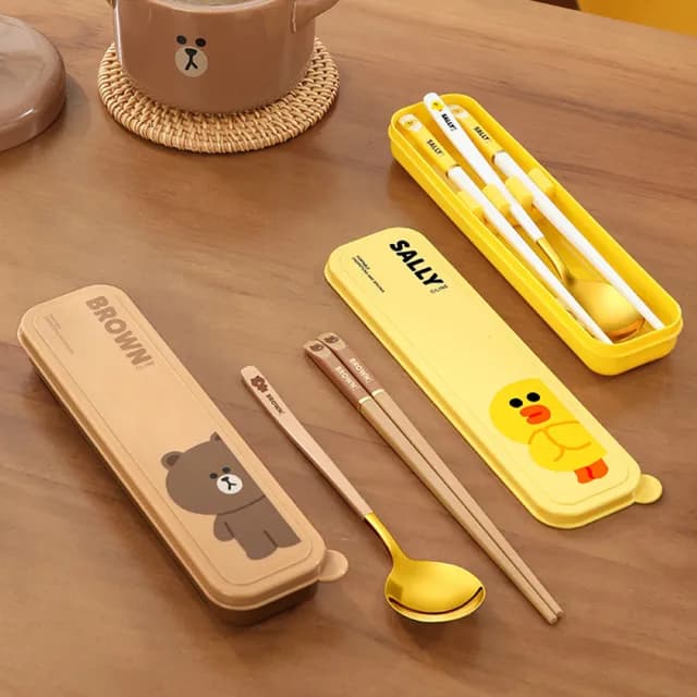 【LINE FRIENDS】熊大莎莉便攜筷子湯匙環保餐具組(附收納盒)