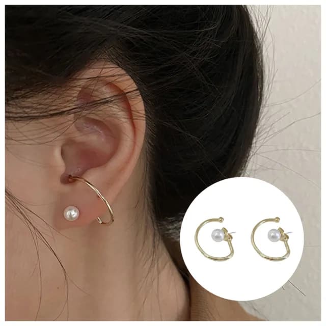 【HaNA 梨花】韓國街頭搭配小時尚．曲線珍珠金色耳環(針式耳環 珍珠耳飾 耳圈 耳釘 耳扣)