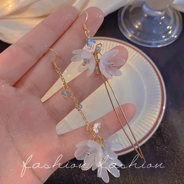 【BBHONEY】花漾• 不對稱長款花朵流蘇耳環 耳針(甜美韓風)
