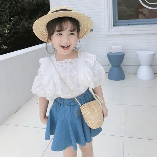 【橘魔法】清新蕾絲荷葉蓬袖上衣+飄逸牛仔裙 (套裝 裙子 牛仔裙 裙子 女童 兒童 中童 童裝)