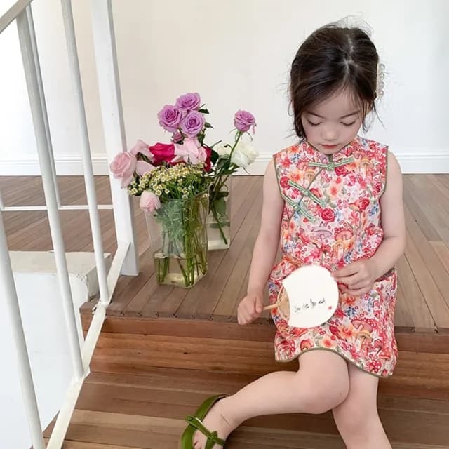 【橘魔法】花花滾邊盤扣小包袖旗袍洋裝 (旗袍 中國風 女童 連身裙 中童 兒童 童裝)