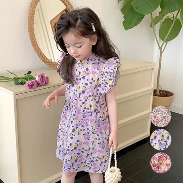 【橘魔法】花花滾邊盤扣小包袖旗袍洋裝 (旗袍 中國風 女童 連身裙 中童 兒童 童裝)