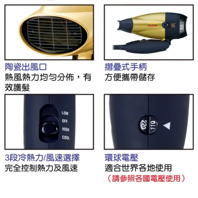 【VS沙宣】1300W陶瓷熱風國際電壓摺疊吹風機 附烘罩(VS157RDRW)