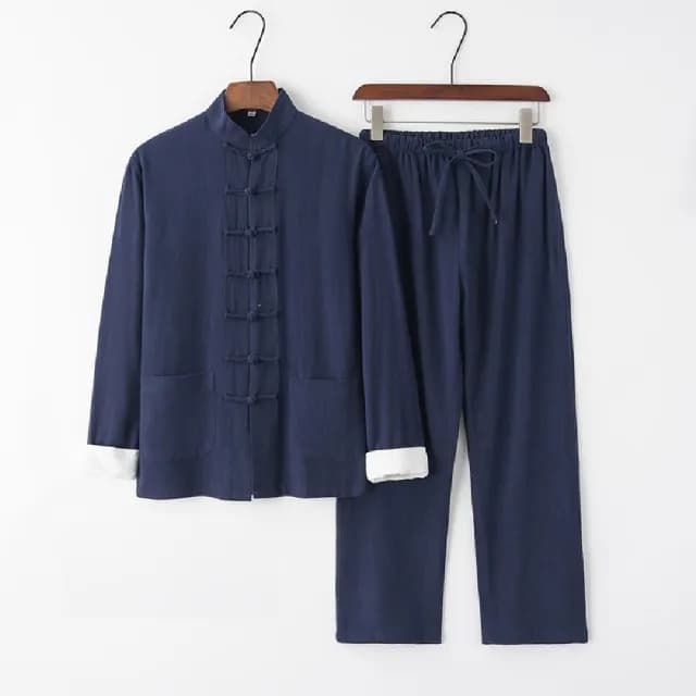 【巴黎精品】父親節禮物 新中式 唐裝漢服套裝兩件套(中國風亞麻長袖復古長褲男套裝9色a1bx8)