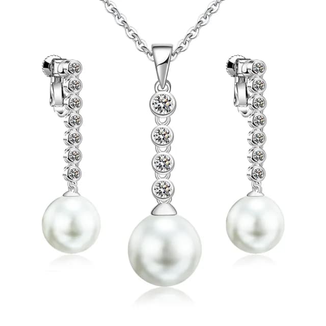 【GIUMKA】項鍊耳環套組．高貴典雅．珍珠． 耳夾式．母親節禮物(銀色)