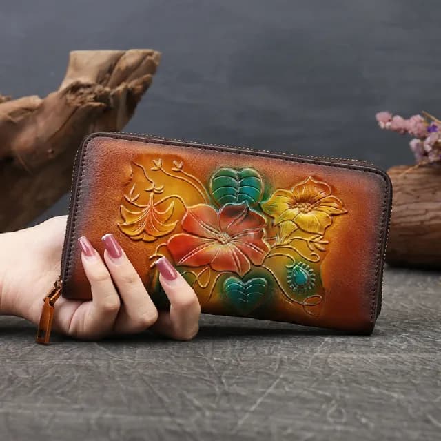 【米蘭精品】情人節禮物現貨+預購 真牛皮長夾真皮錢包短夾手拿包女包包(牛皮復古民族風壓花女皮夾3色74ei7)