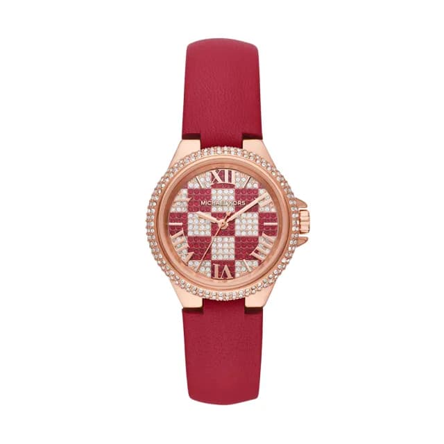 【Michael Kors 官方直營】Camille 胭脂紅白棋盤璀璨女錶 紅色真皮錶帶手錶 33MM MK4701 雙11限定