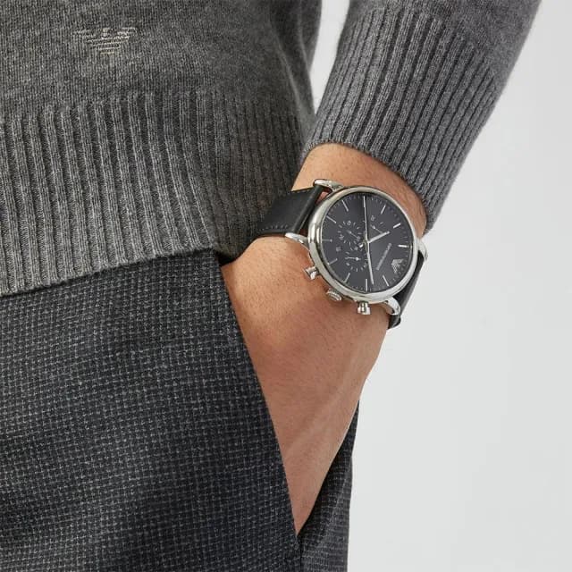 【EMPORIO ARMANI】Classic 三眼計時皮帶手錶-46mm 禮物 送禮 推薦(AR1828)