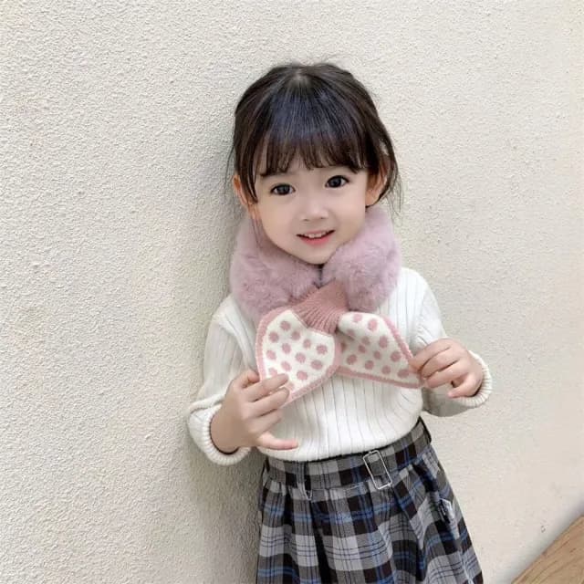 【安朵童舖】現貨韓版兒童毛絨圍巾圓點拼接毛絨圍巾女童毛絨小領圍巾(44)