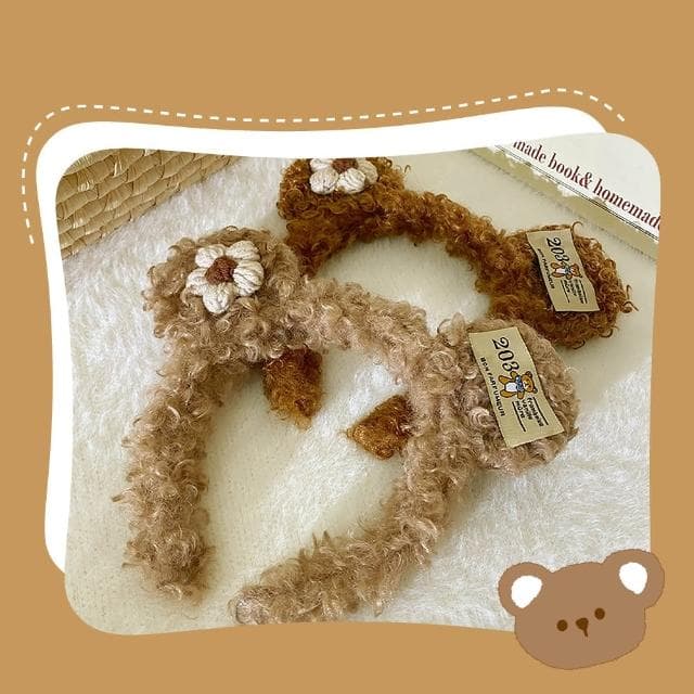【飾品配件】羊羔毛絨標籤熊髮箍2件組(可愛造型髮飾 頭飾 洗臉 束髮帶 化妝 拍照道具 禮物 遊樂園)