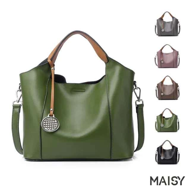 【MAISY】情人節禮物 真皮 歐美流行風格牛皮子母手提包(真皮包包 現+預  黑色／卡其棕／灰色／紫色／綠色)