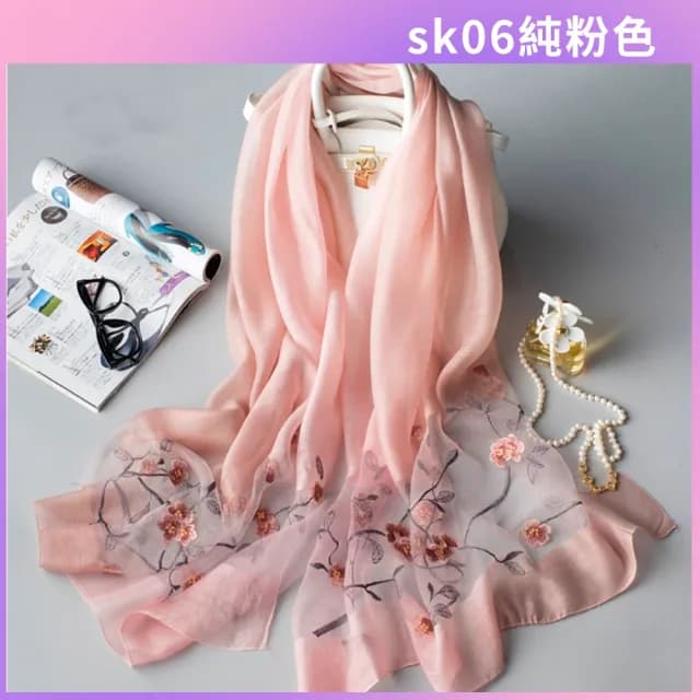 【I.Dear】三生三世十里桃花刺繡蠶絲羊毛混紡圍巾(5色)