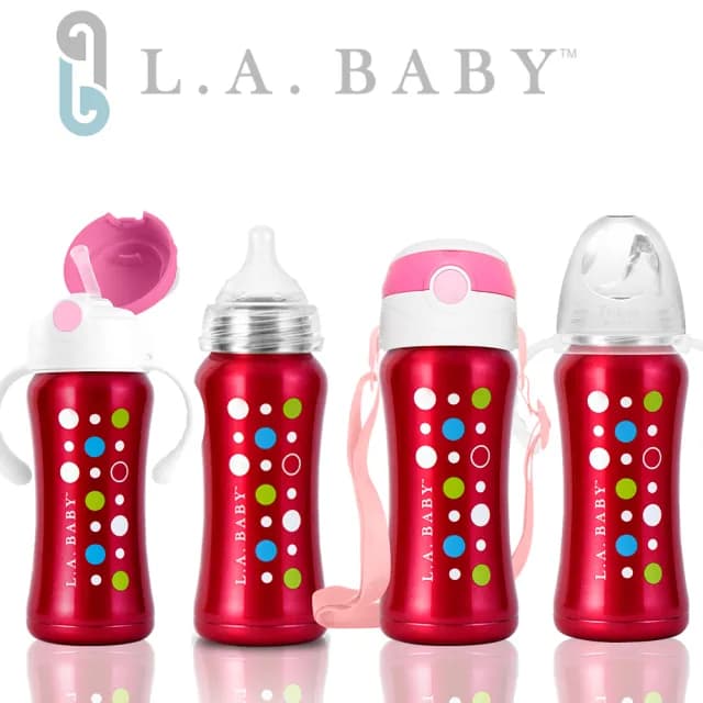 【L.A. Baby】四階段316超輕不鏽鋼保溫奶瓶成長禮盒組270ml 15件組(玫瑰紅)