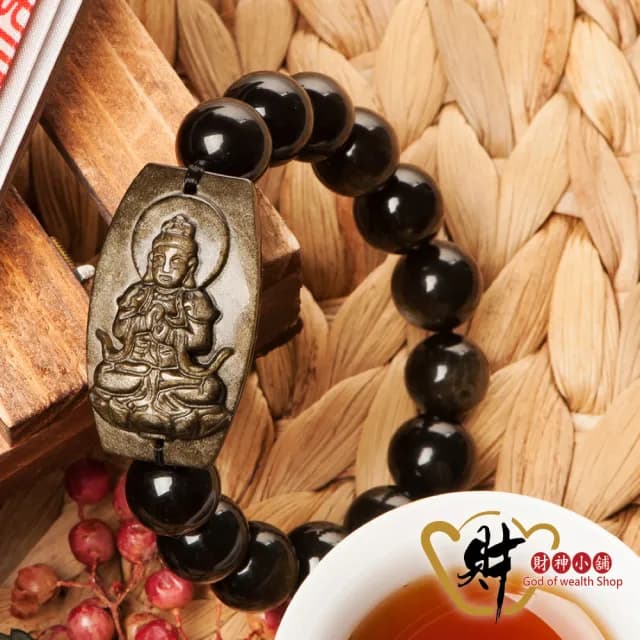 【財神小舖】生肖羊、猴 大日如來 本命佛 金曜石手鍊12mm(已開光 保平安 八大守護神 黑曜石)