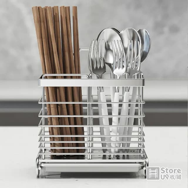 【Store up 收藏】頂級304不鏽鋼 可掛可立兩用大容量分隔筷筒 餐具筒-可貼牆面(AD107)