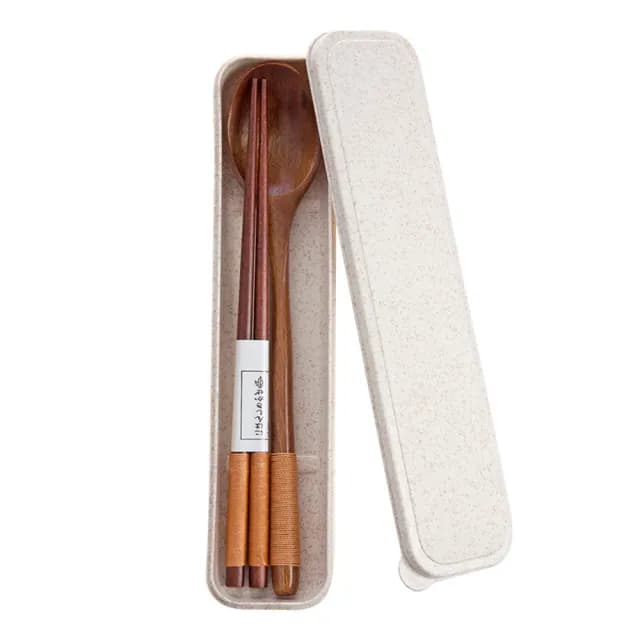 【樂邁家居】手工繞線 木質 餐具組(筷子x1 湯匙x1 小麥收納盒x1)