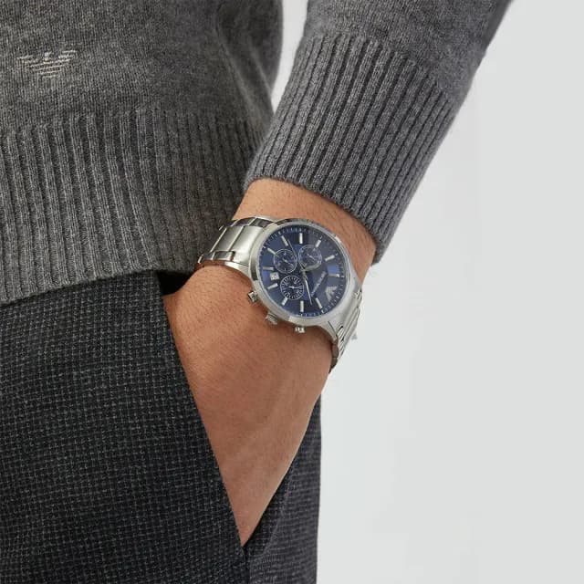 【EMPORIO ARMANI】Classic 三眼計時手錶-藍x銀/43mm 禮物 送禮 推薦(AR2448)