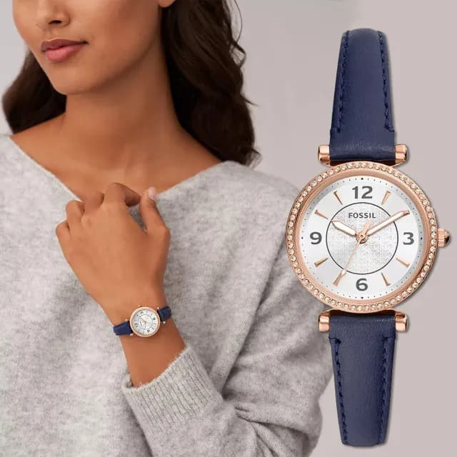 【FOSSIL】Carlie 晶鑽皮帶女錶-海軍藍/28mm 禮物 送禮 推薦(ES5295)