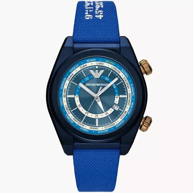 【EMPORIO ARMANI】亞曼尼 雙時區蔚藍帆布手錶-43mm 禮物 送禮 推薦(AR11564)
