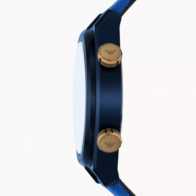 【EMPORIO ARMANI】亞曼尼 雙時區蔚藍帆布手錶-43mm 禮物 送禮 推薦(AR11564)