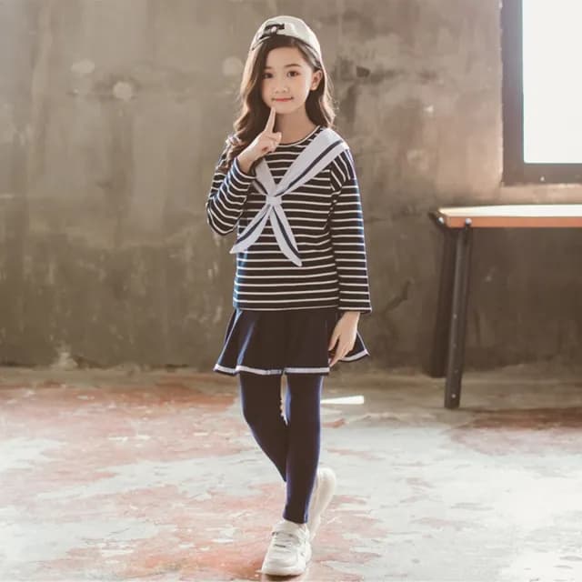 【橘魔法】海軍風條紋上衣+褲裙(套裝 條紋上衣 女童 兒童 童裝)