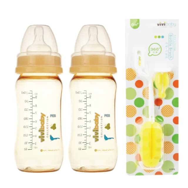【VIVIBABY】PES寬口奶瓶X2替換式泡棉奶瓶刷X1