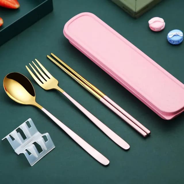 【EZlife】304不鏽鋼歐式便攜鈦金餐具四件套(贈矽膠吸管4支組)