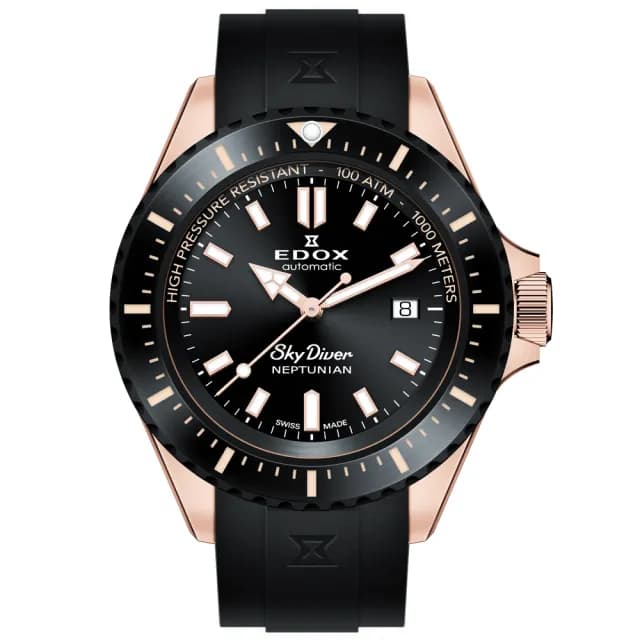 【EDOX 伊度】SkyDiver 海神波賽頓 1000米潛水機械錶-黑x玫瑰金 送禮 禮物 推薦(E80120.37RNNCA.NIR)
