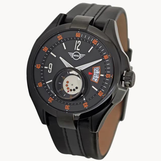 【MINI SWISS WATCHES】石英錶 45mm 黑底橘數字錶面 黑色皮錶帶(黑色 七夕禮物 情人節)