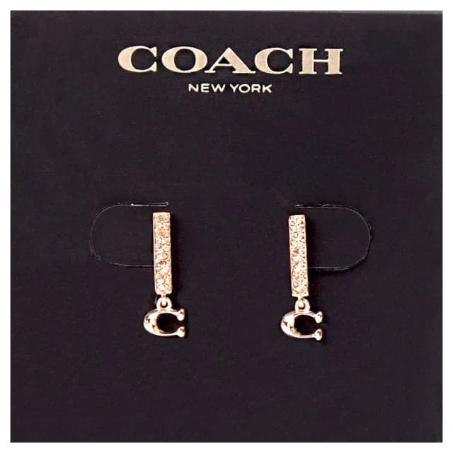 【COACH】垂直水鑽大C墜飾耳針式耳環(玫瑰金)