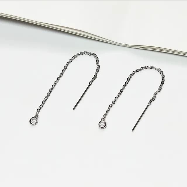 【Eli Jewelry】義大利進口14K金 知性輕珠寶單鑽14K白金垂墜黃金耳環 耳鍊(附精美禮盒 金飾保證卡)