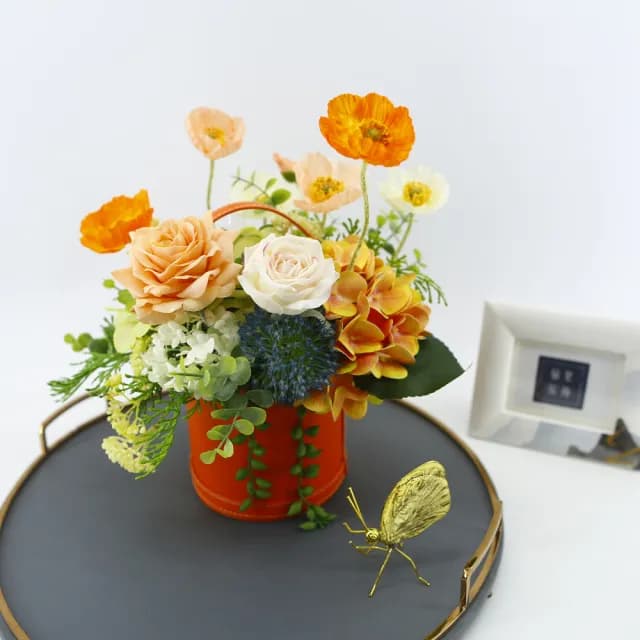 【HUGO DECO 榆果傢飾】橘玫瑰虞美人香氛花藝(擬真花/香氛/送禮/送花/端午節)