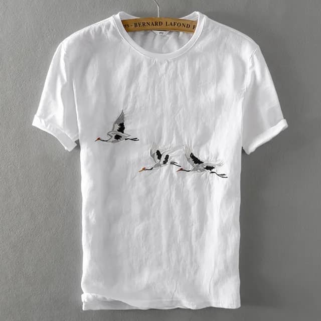 【米蘭精品】現貨+預購 亞麻T恤棉麻短袖上衣(棉麻大雁刺繡白色男裝父親節禮物73xf15)