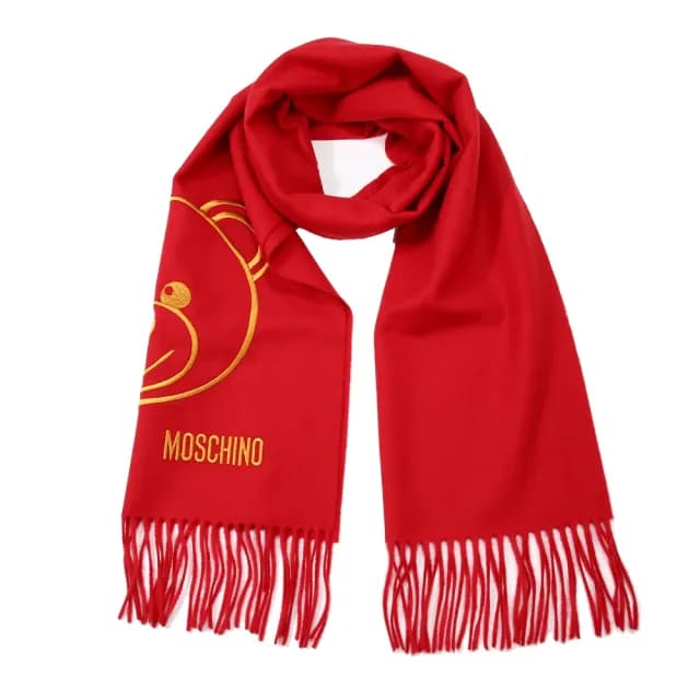 【MOSCHINO】泰迪熊臉純羊毛寬版流蘇圍巾(007 紅色)