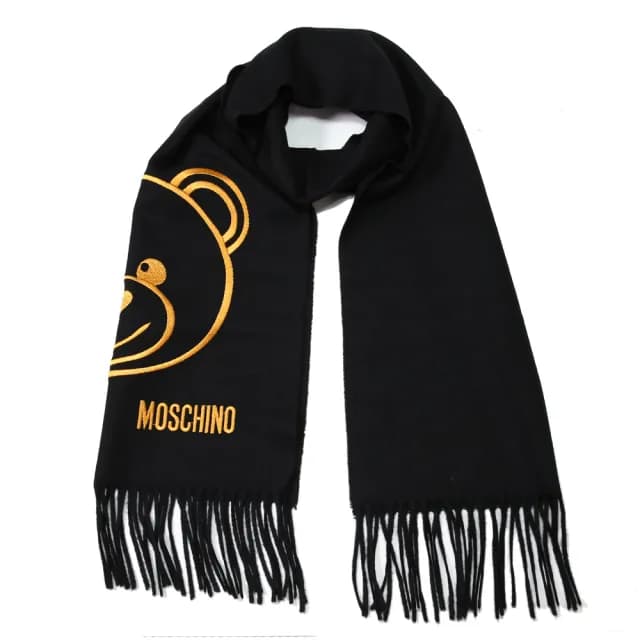 【MOSCHINO】泰迪熊臉純羊毛寬版流蘇圍巾(016 黑色)