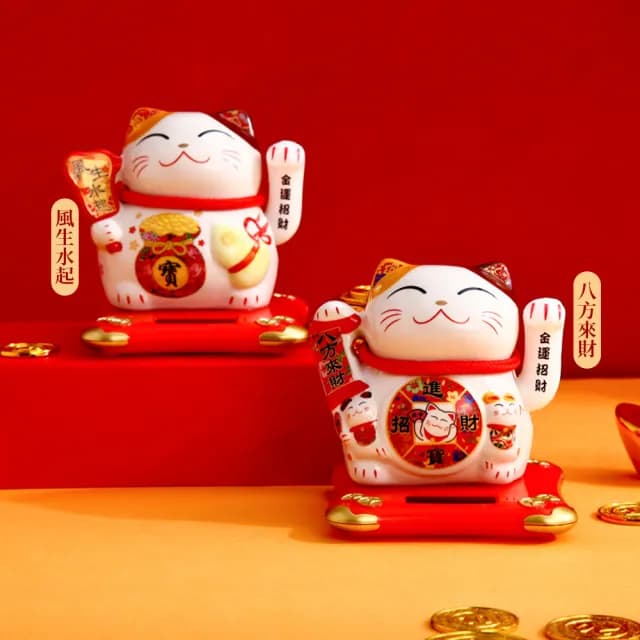 【OMG】金運大吉 太陽能搖手招財貓 辦公家居桌面風水擺件 開運吉祥物(交換禮物/開業/節日禮盒/新年禮物)