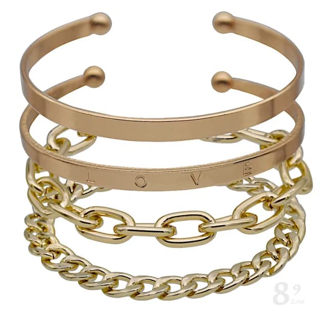 【89 zone】法式古典波西米亞風奢華鏈條 手鐲 手環 手鍊 4 入1 組(金)