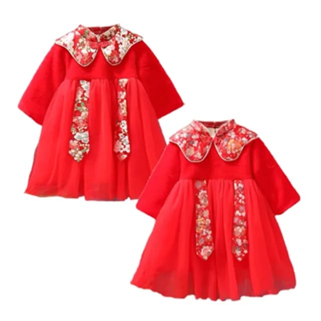 【橘魔法】日式旗袍領拚接毛絨盤扣紗裙洋裝(連衣裙 大紅 新衣 新年 過年 喜宴 童裝 唐裝 女童 拜年服 保暖)