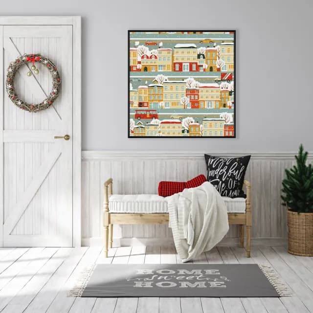 【菠蘿選畫所】聖誕小城鎮-60x60cm(佈置/聖誕節掛畫/交換禮物/空間佈置/北歐/臥房/方形/掛畫)