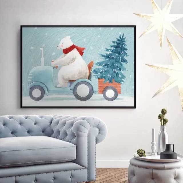 【菠蘿選畫所】載著聖誕樹的北極熊-50x70cm(冬天/臥房掛畫/交換禮物/複製畫/民宿/北歐/空間/聖誕節掛畫)