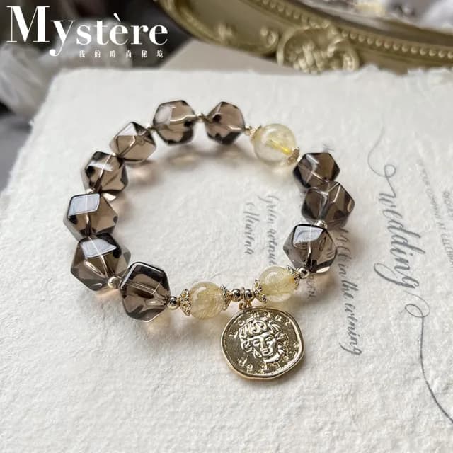 【my stere 我的時尚秘境】情人節禮物 現貨-天然不規則茶晶配招財金髮晶手鍊(茶晶 金髮晶 招財 招貴人)