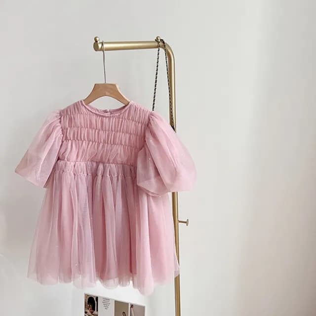 【橘魔法】仙氣抓皺閃亮紗質公主袖洋裝(連衣裙 連身裙 短袖洋裝 大童 女童 童裝 兒童 禮服)