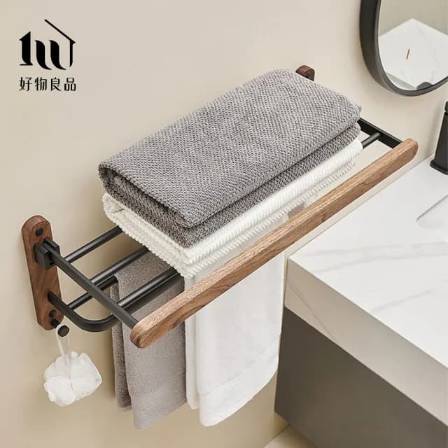 【好物良品】浴室防水防鏽原木收納雙層毛巾掛架(浴室掛架 保養品收納架 置物層架支架 置物架 浴室掛架)