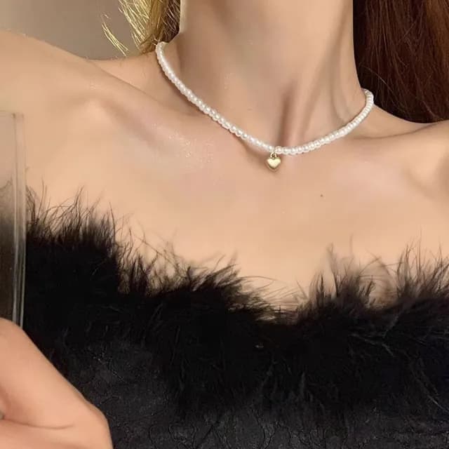 【SUMMER一夏】情人節禮物 韓國設計法式復古小米珍珠愛心吊墜輕奢小眾設計頸鍊項鍊(法式巴洛克風)