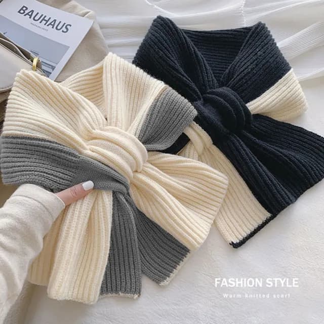 【QIDINA】2入 韓版慵懶風圍巾百搭針織保暖拼色小圍脖-A(短圍巾女 披肩圍巾 針織圍巾 脖圍)