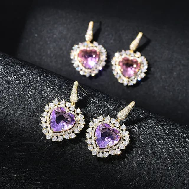 【VERDNIA】彩色鋯石925純銀針愛心造型耳環(歐美時尚潮流女飾品 淡金色耳飾耳針耳墜耳釘)